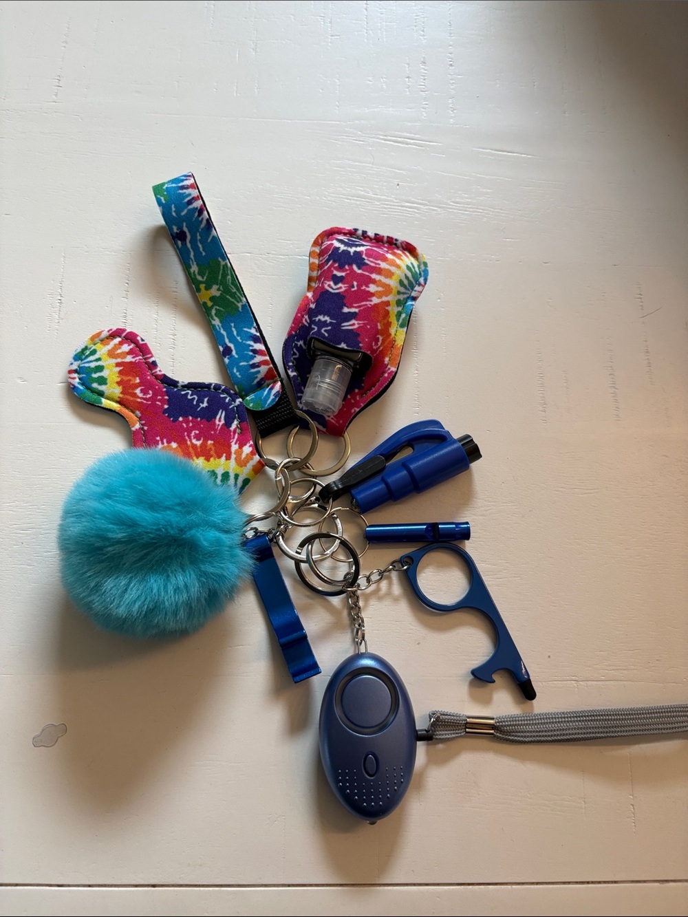 Safety Tie-Dye Keychain Set with Blue Pom Pom and Safety Alarm
